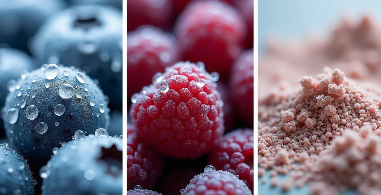 Macro comparison of frozen, fresh, and powdered berries showing antioxidant retention