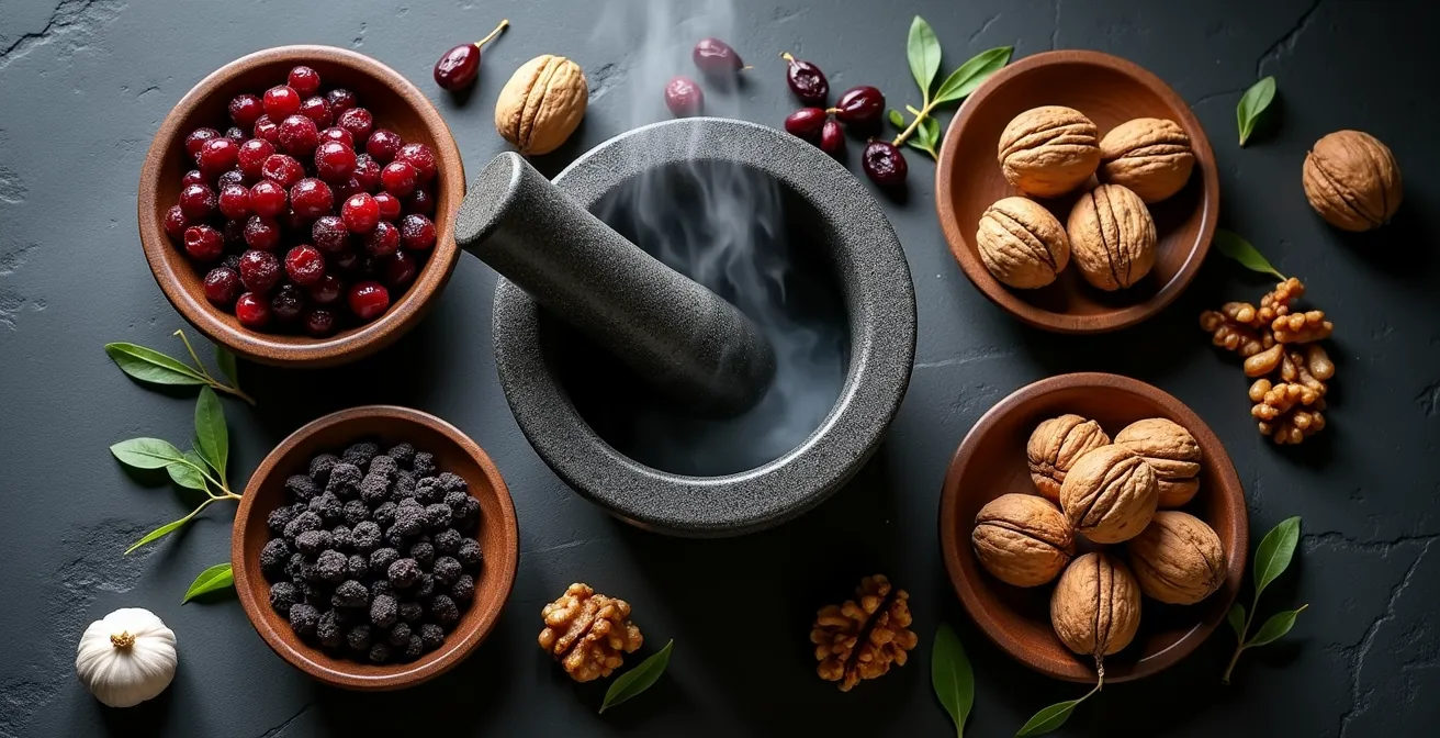 Artistic arrangement of aromatic spices and herbs used for complex flavor profiles