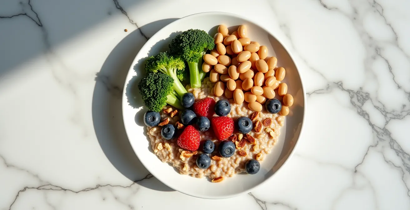 Overhead view of balanced meal plate showing fiber-rich foods