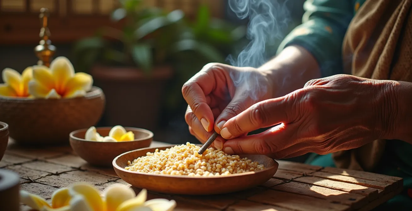Close-up of weathered hands preparing traditional Balinese offerings with flower petals and incense