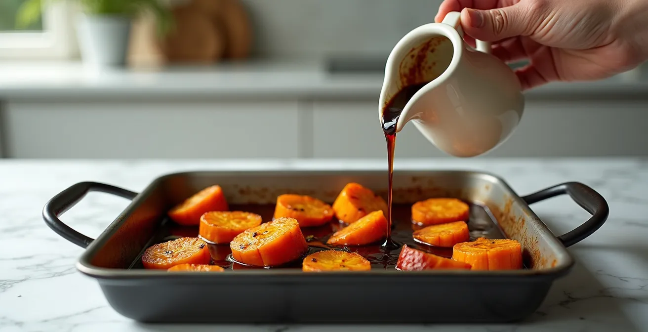 Thick, dark balsamic reduction being drizzled from a small pitcher over a pan of golden, caramelized roasted vegetables.