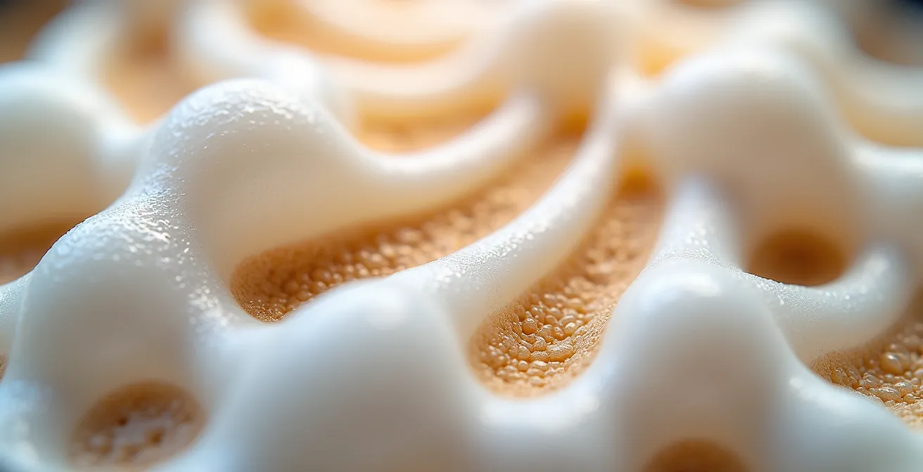 Close-up macro shot of milk microfoam showing bubble structure and stability