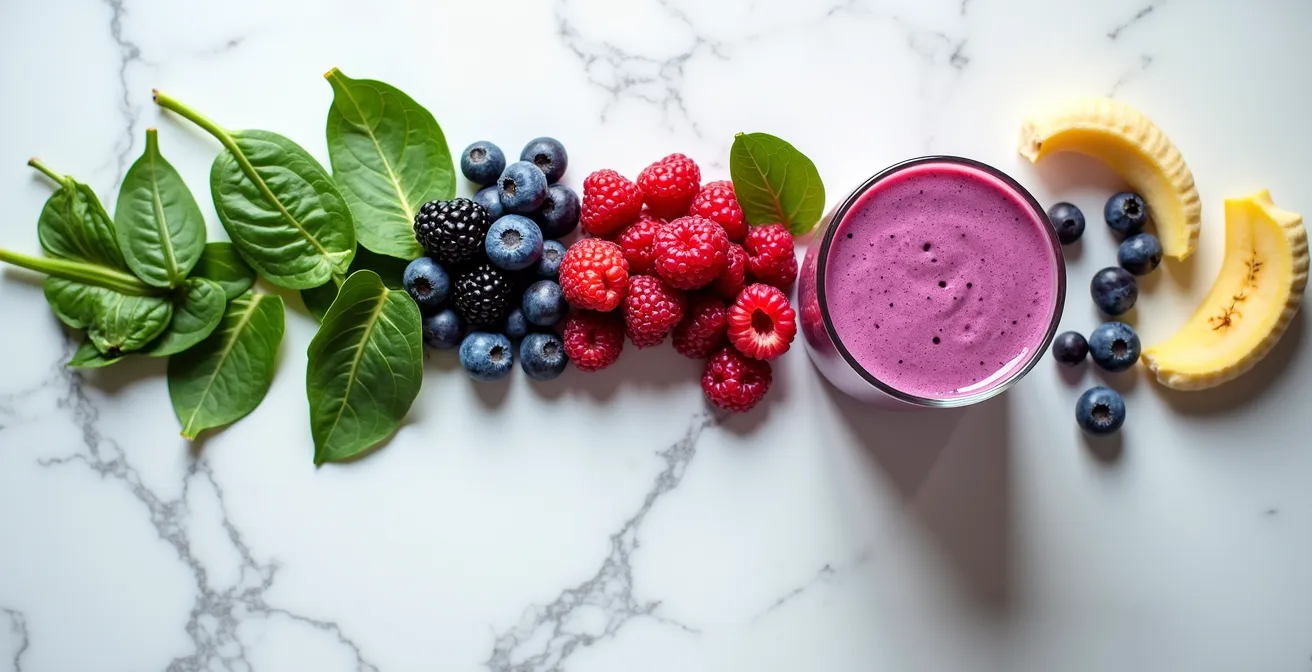 Overhead view of smoothie ingredients including berries, spinach, and banana arranged on marble surface