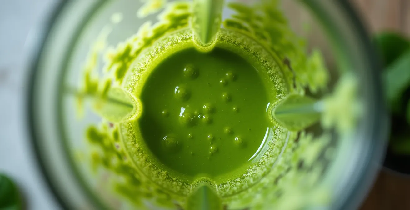 Close-up of high-speed blender with green smoothie showing creamy texture transformation