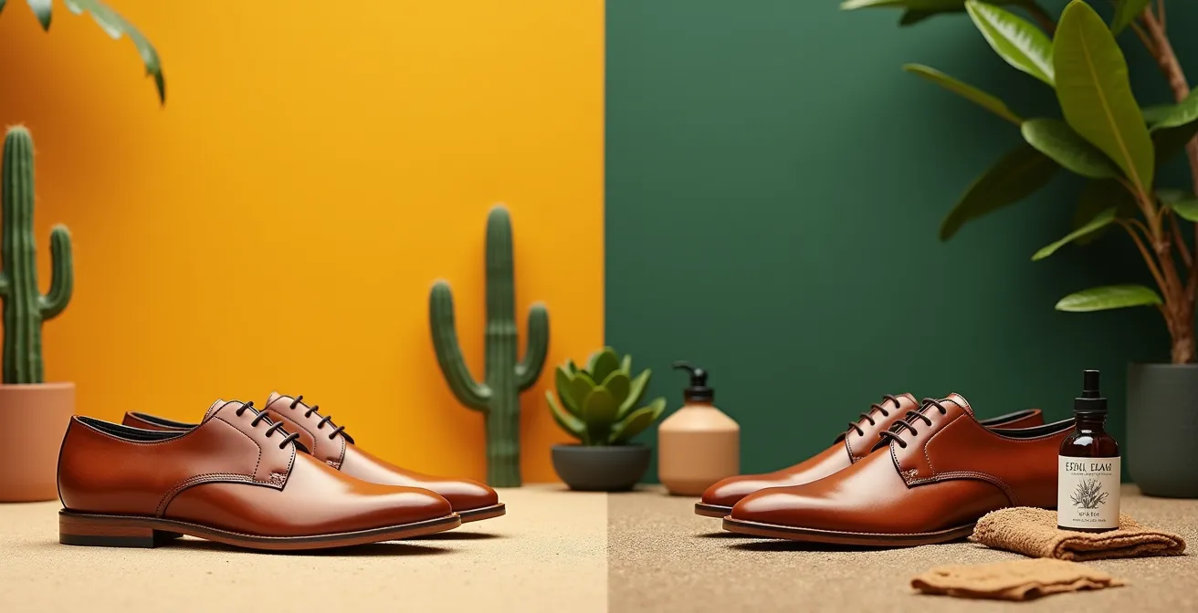 Split-screen showing cactus leather care in desert vs humid environments