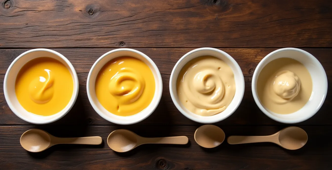 Four bowls showing different textures of cashew cheese sauce from thin to thick