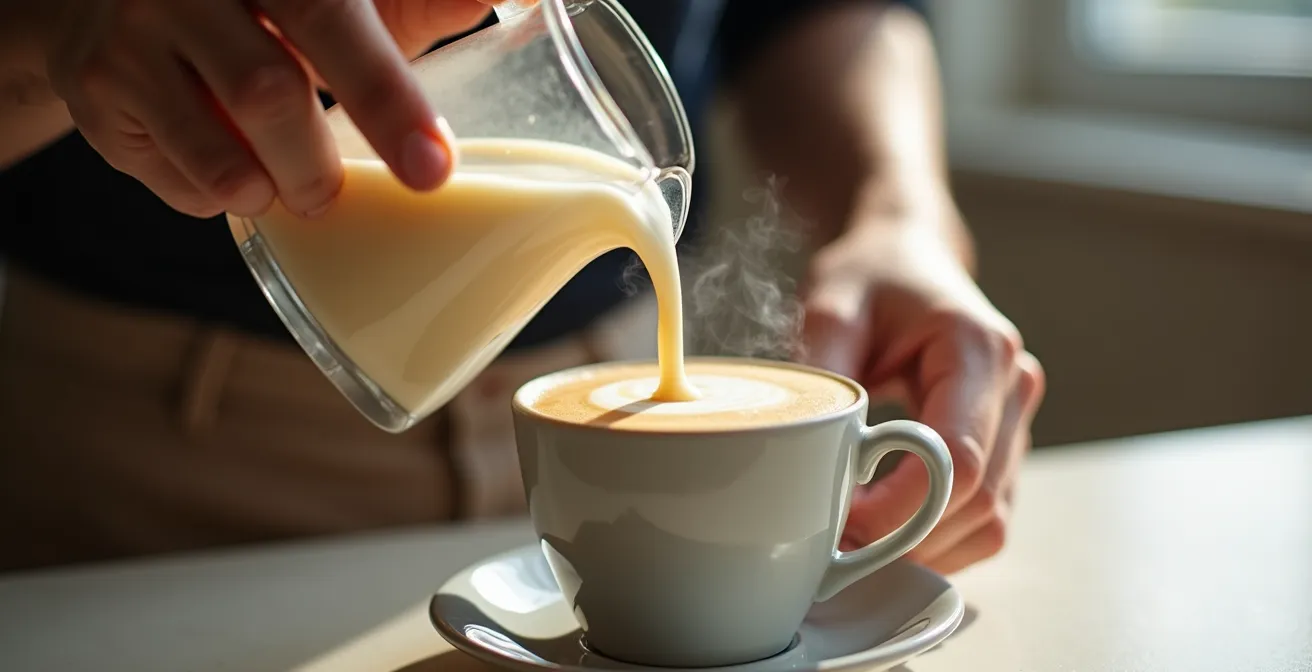 Hands blending raw cashews into smooth cream for coffee applications