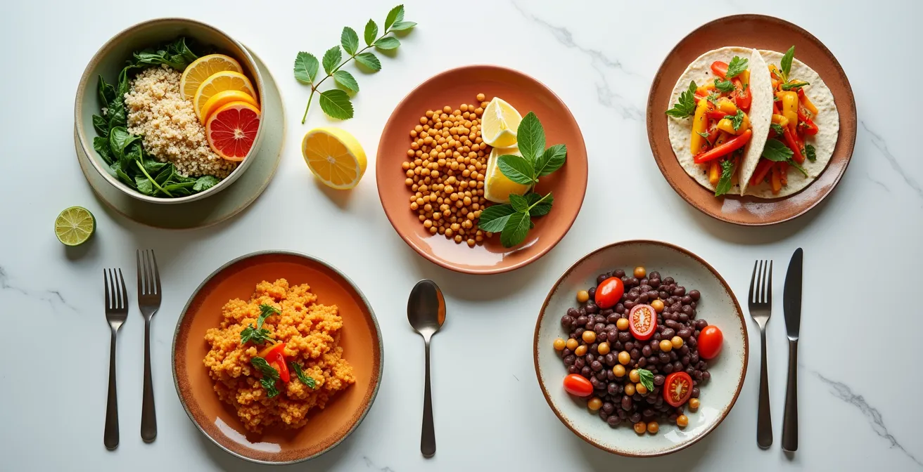 Vibrant plant-based meal with iron-rich foods paired with vitamin C sources