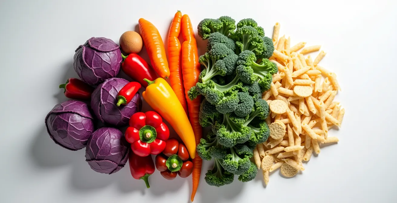 Split composition contrasting vibrant rainbow vegetables with monotone beige foods