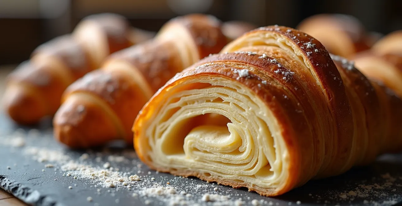 Close-up of croissant layers showing flaky texture comparison