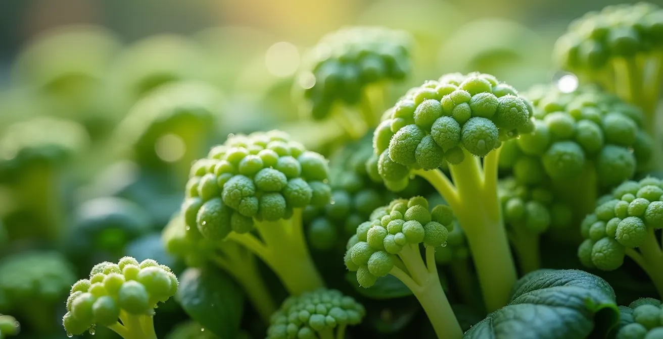 Macro shot of fresh broccoli sprouts with water droplets showing sulforaphane-rich texture
