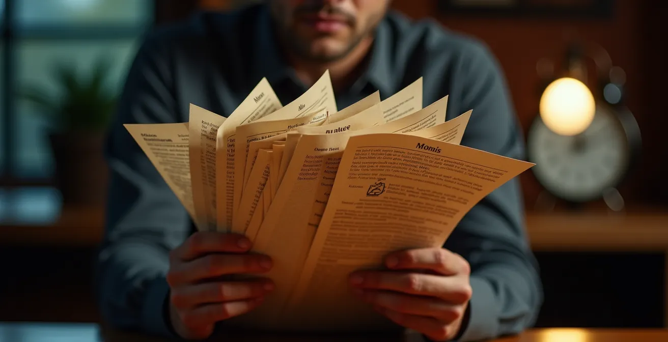 Professional surrounded by multiple food delivery menus showing stress and decision overload