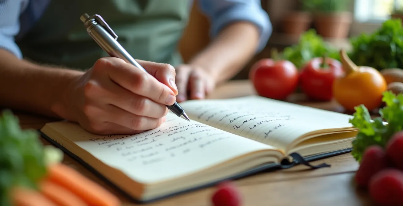 Person writing in a food journal surrounded by fresh whole foods on a kitchen table