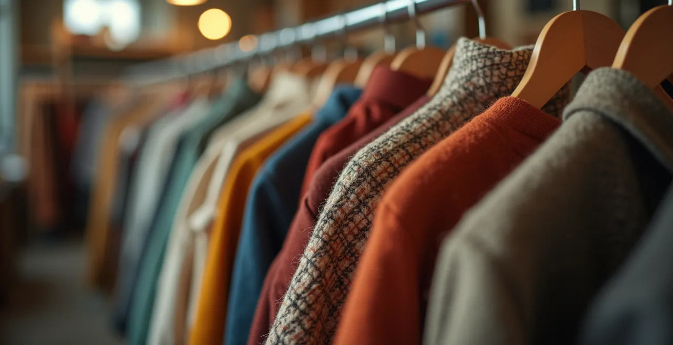 Close-up of hands feeling different fabric textures on a thrift store rack showing wool, silk, and cotton garments
