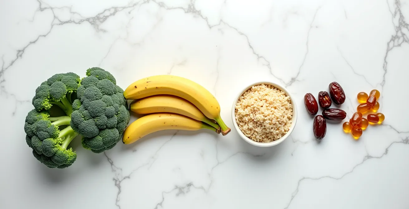 Close-up arrangement of foods transitioning from high to low fiber content, from broccoli to energy gels, symbolizing a pre-race nutrition timeline.