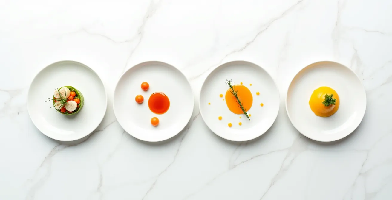 Elegant fine dining plate showcasing the evolution of molecular gastronomy techniques over time