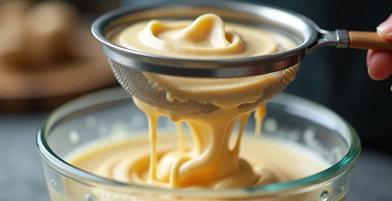 Professional chef straining cashew cream through fine-mesh sieve for silky texture