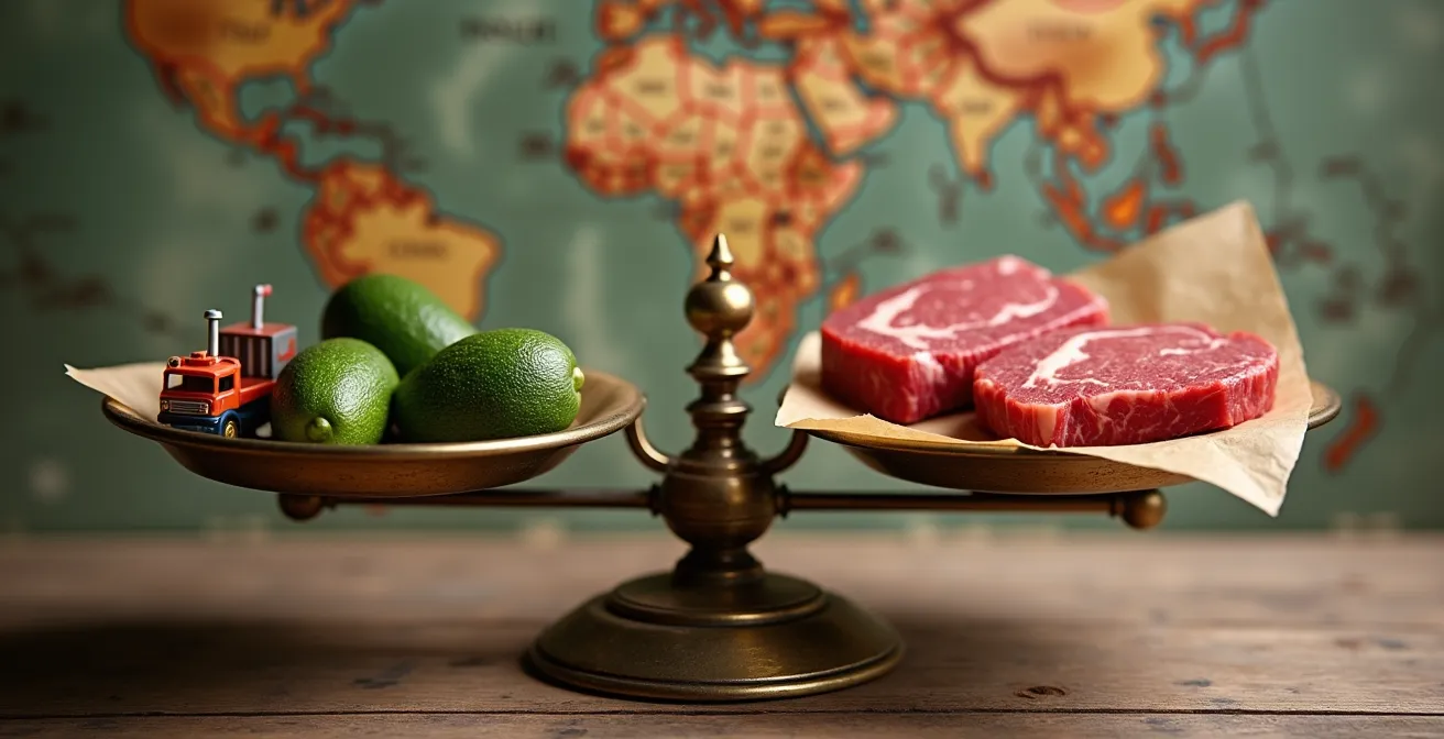 Visual comparison of production versus transport emissions for different foods, showing production is the dominant factor.