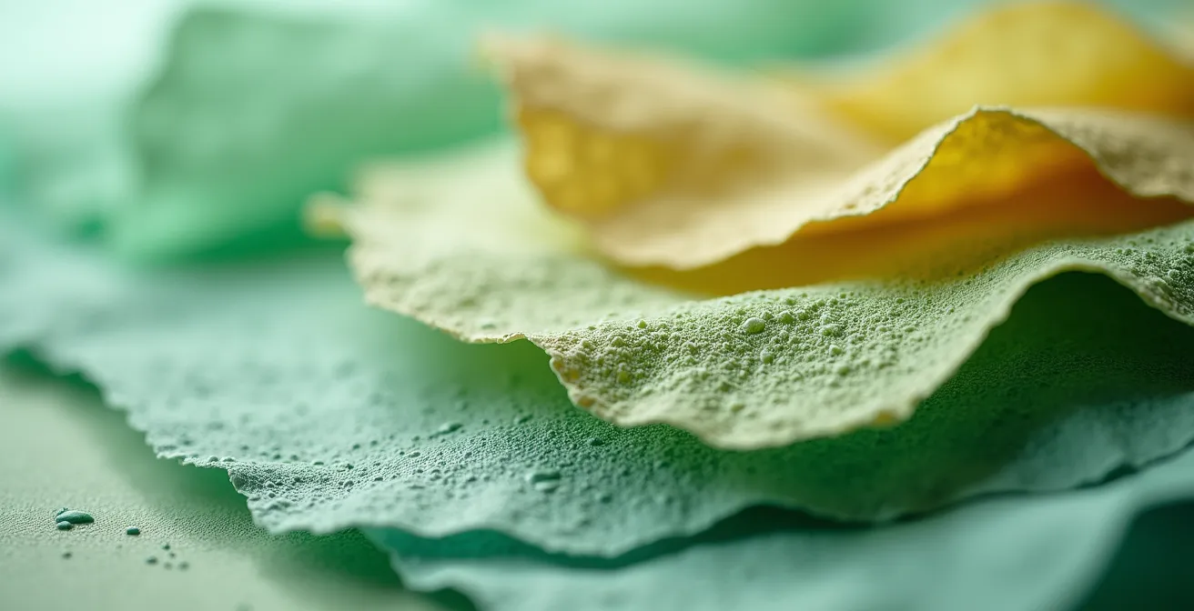 Extreme close-up of various eco-labeled packaging materials showing texture details