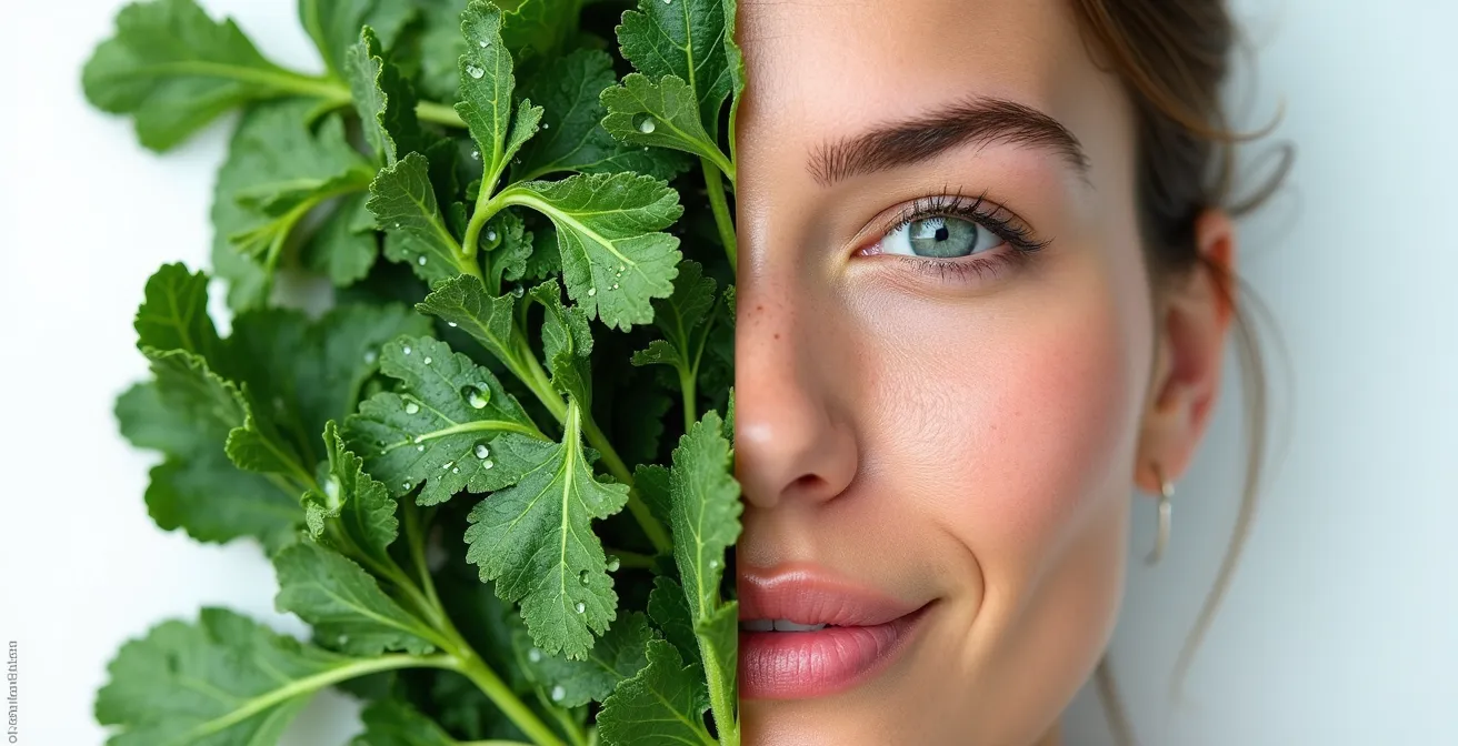 Split composition showing fresh leafy greens transitioning to glowing healthy skin texture