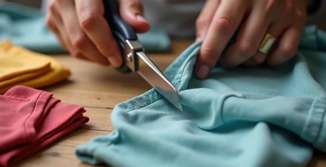 Close-up of hands cutting colorful t-shirt fabric into cleaning cloth squares