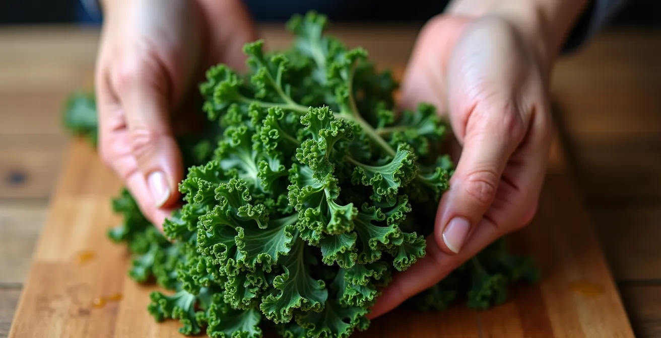 Close-up of hands massaging dark green kale leaves with golden olive oil
