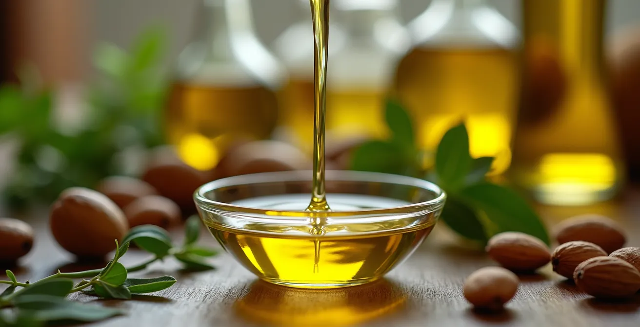 Various healthy cooking oils in glass bottles arranged on a kitchen counter with fresh herbs