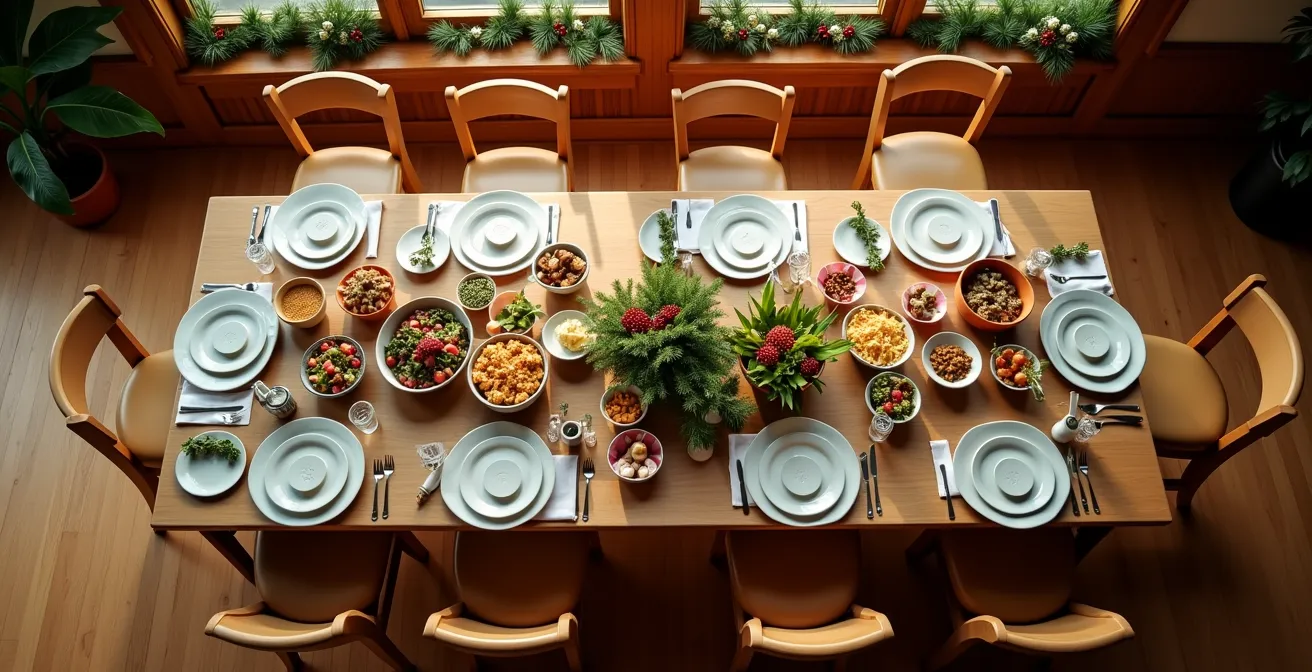 Warm holiday table scene with diverse dishes and gentle conversation