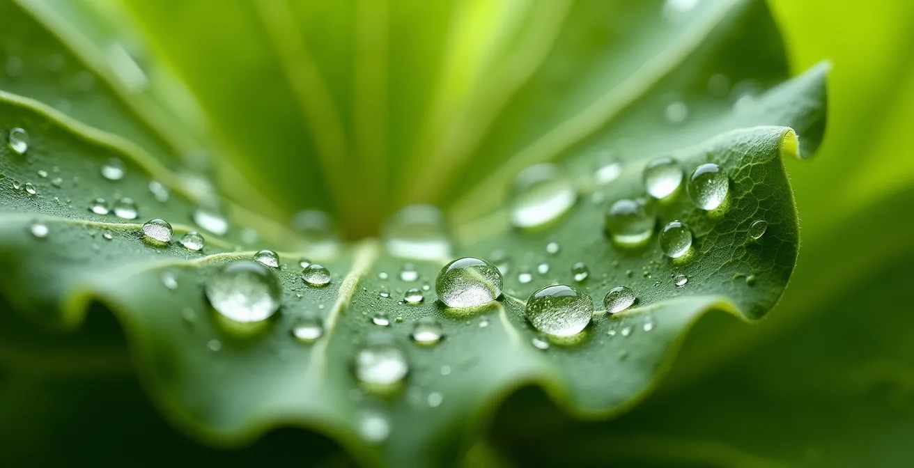 Extreme close-up of water droplets on fresh produce surface