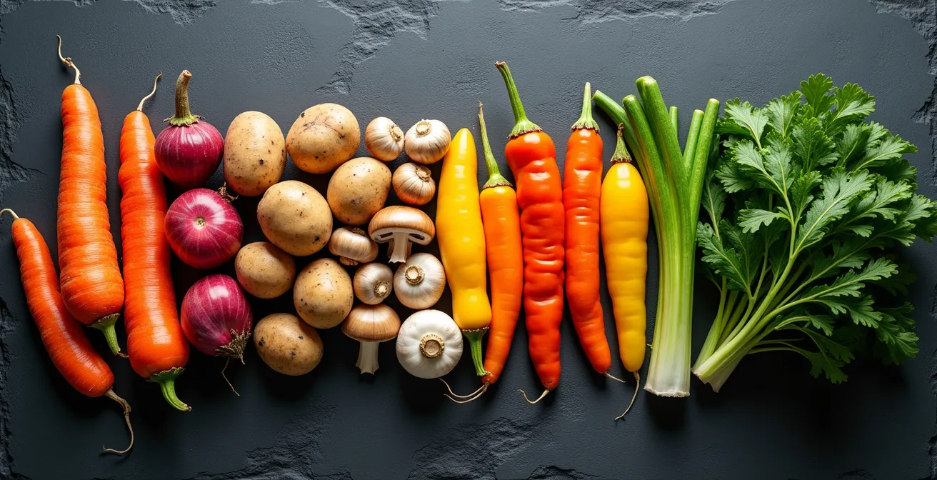 A flat-lay photograph showing vegetables arranged in a sequence from dense root vegetables to delicate leafy greens, symbolizing their cooking order.