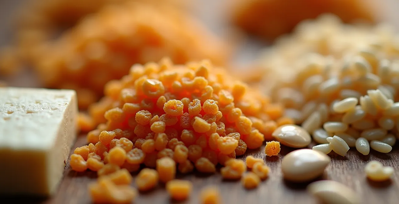 Extreme close-up of leucine-rich plant foods showing detailed textures