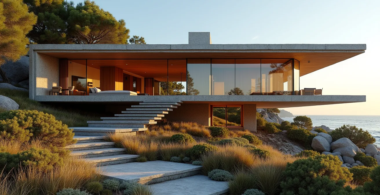 Minimalist luxury eco-resort with natural materials overlooking pristine coastline