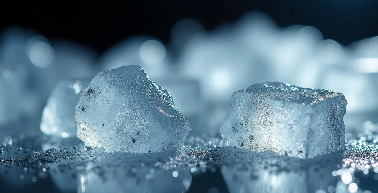 Close-up comparison of uniform commercial ice cubes and irregular homemade ice