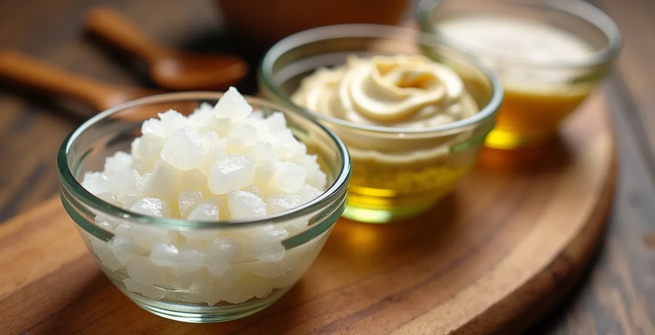 Extreme close-up of various plant-based fats showing their textures