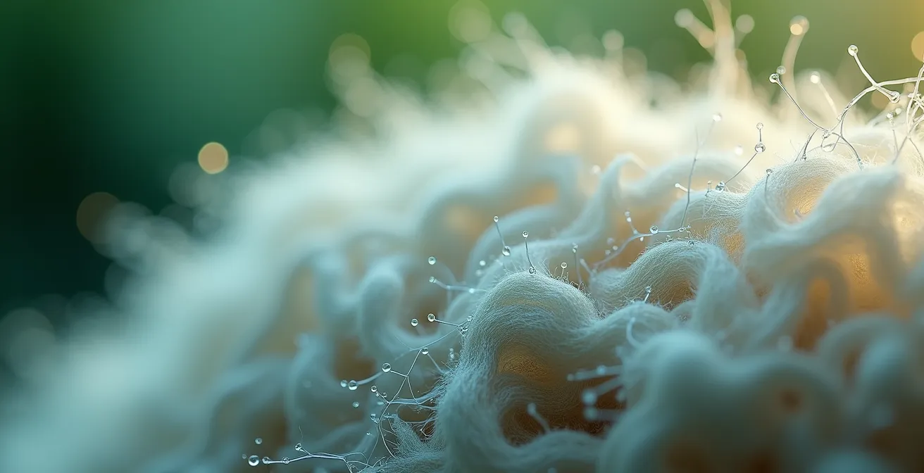 Extreme close-up of merino wool fibers with water droplets showing moisture-wicking properties