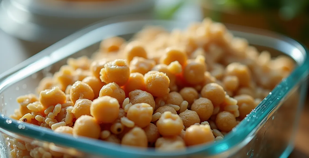 Glass meal prep containers filled with colorful cooked grains and legumes arranged on a counter
