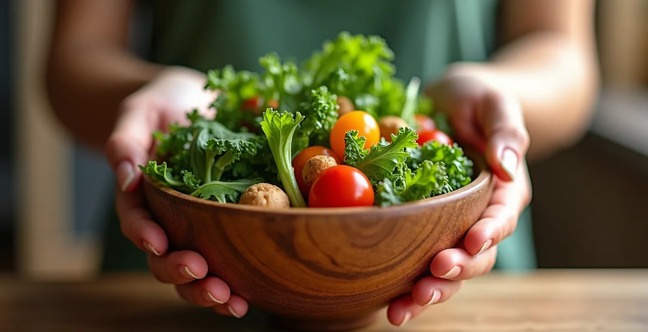 Close-up of hands holding a colorful salad bowl with fresh vegetables in natural office light