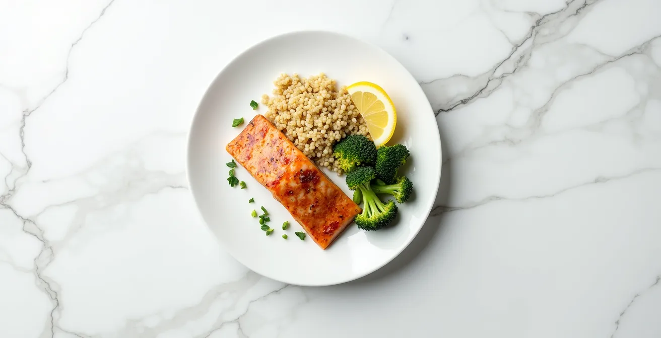 Clean overhead shot of simple, colorful meal components on white plate