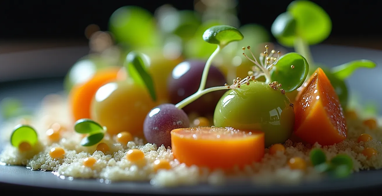 Close-up of modernist vegan dish with molecular gastronomy elements and artistic presentation