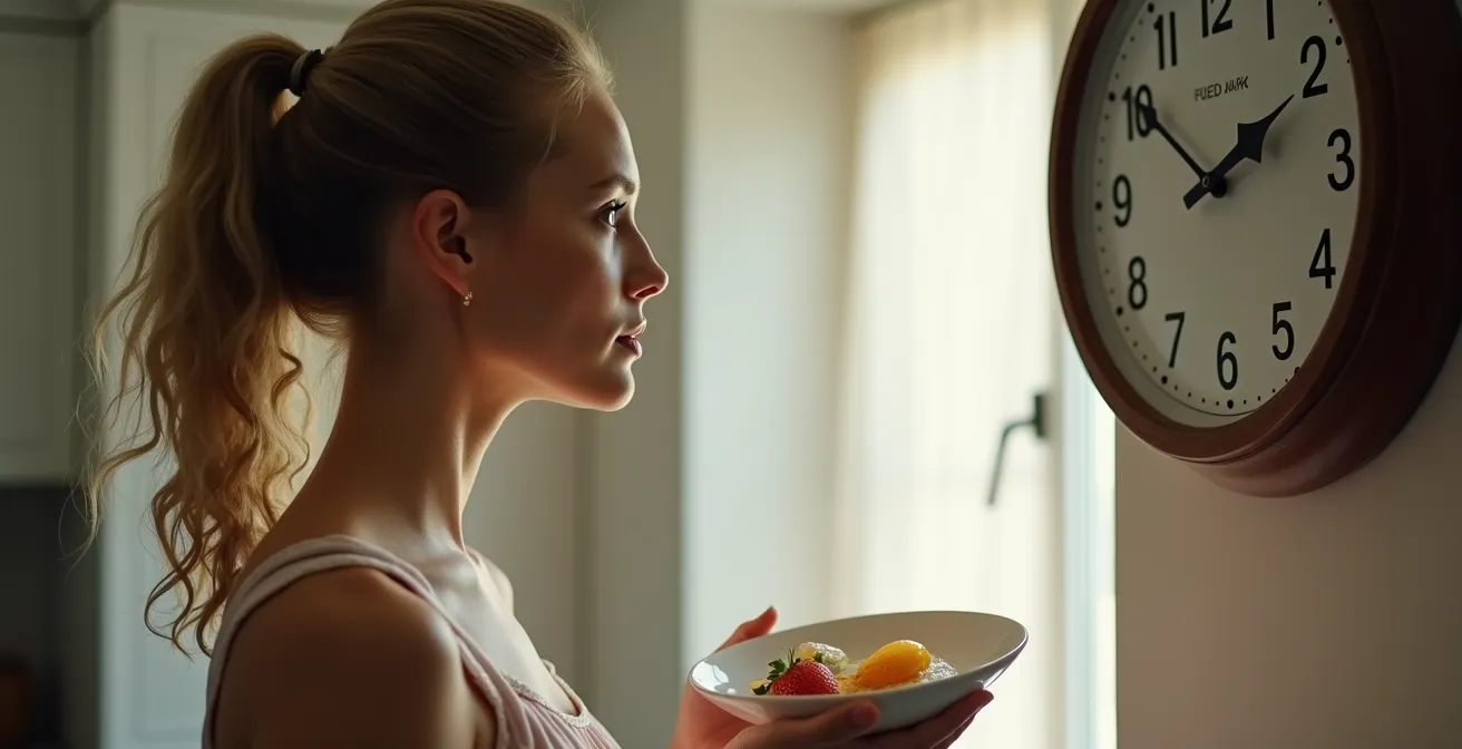 Person checking time while preparing breakfast in soft morning light