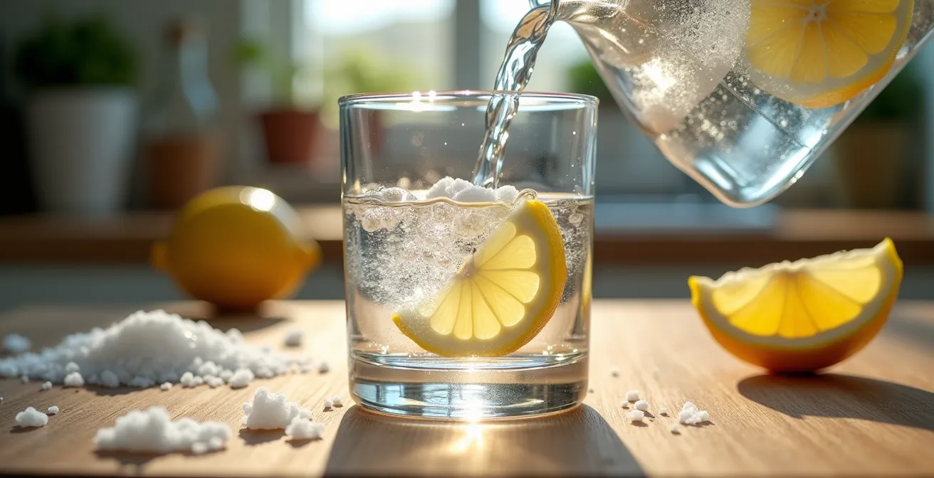 Close-up of water being poured with lemon and salt on wooden surface