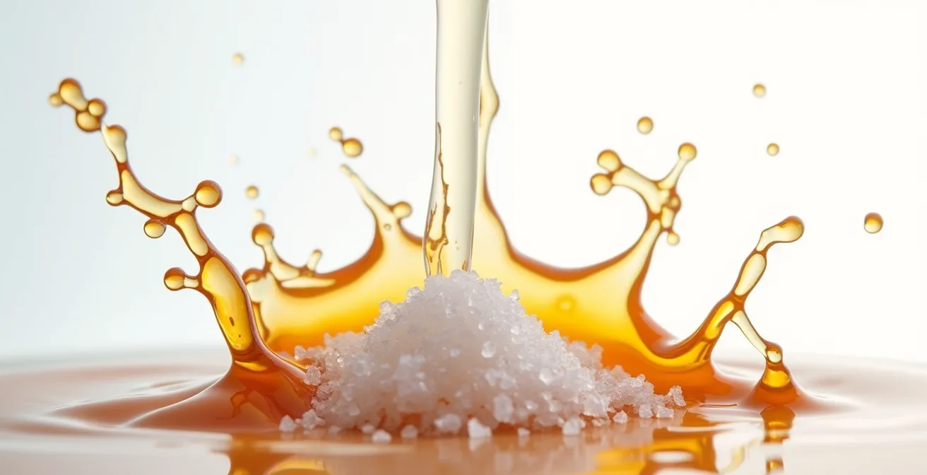Extreme close-up of coconut water droplets, date syrup, and sea salt crystals, representing natural sports drink ingredients.