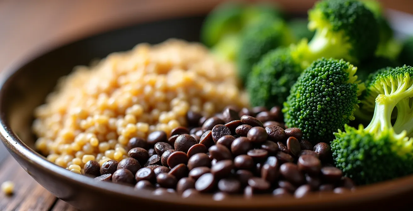 Extreme close-up of colorful plant-based foods showing textures of black lentils, quinoa, and broccoli.