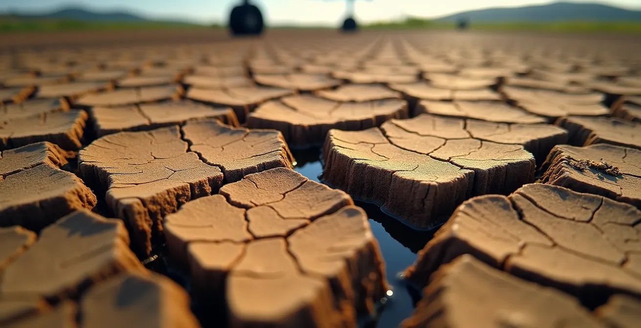 Cross-section view of depleting underground aquifer beneath agricultural fields