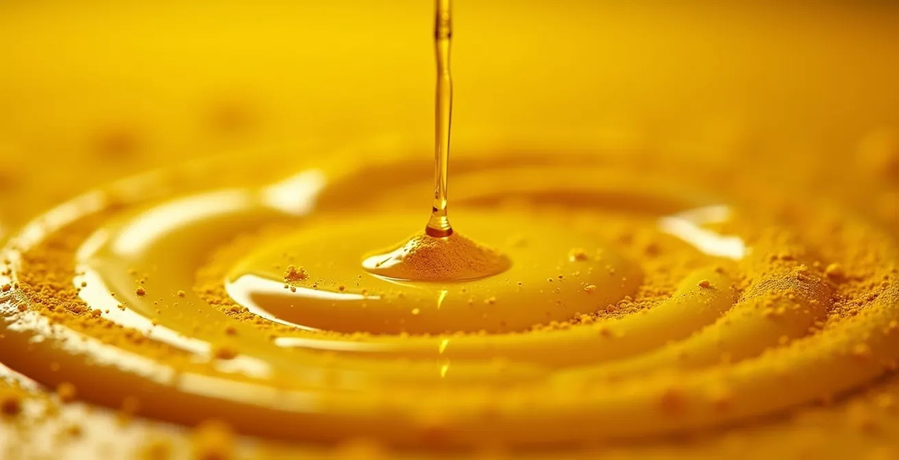 Close-up of coconut oil texture with golden turmeric swirls
