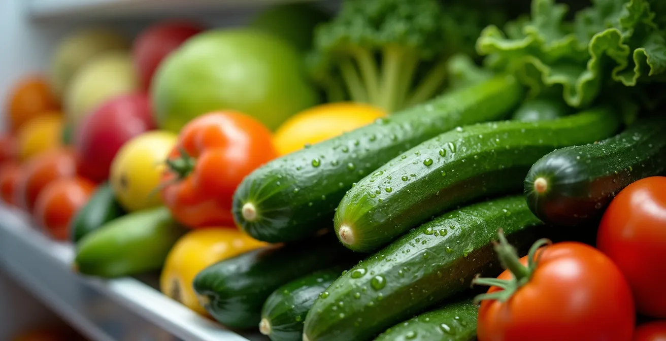 Inside view of organized refrigerator with color-coded produce storage zones