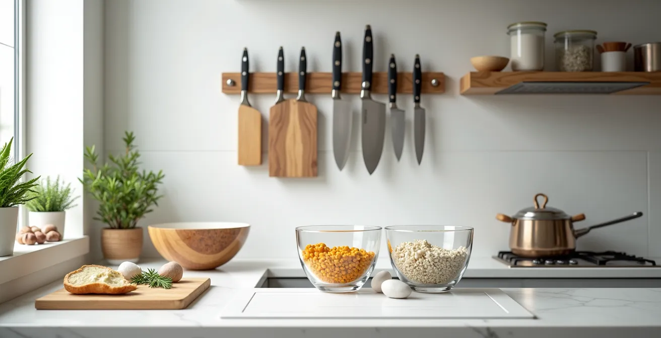 Organized kitchen workspace with mise en place setup