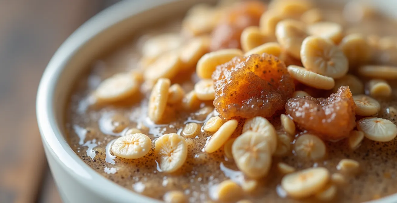 Close-up texture of soaked oats showing gel formation