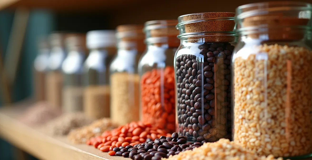 Organized pantry shelves with bulk grains and legumes in glass containers