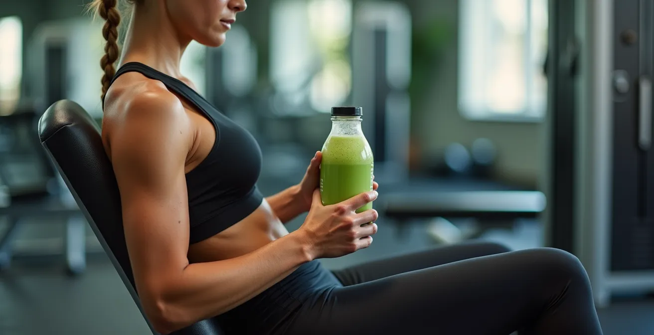 Athletic person in recovery pose holding fresh green smoothie in gym setting
